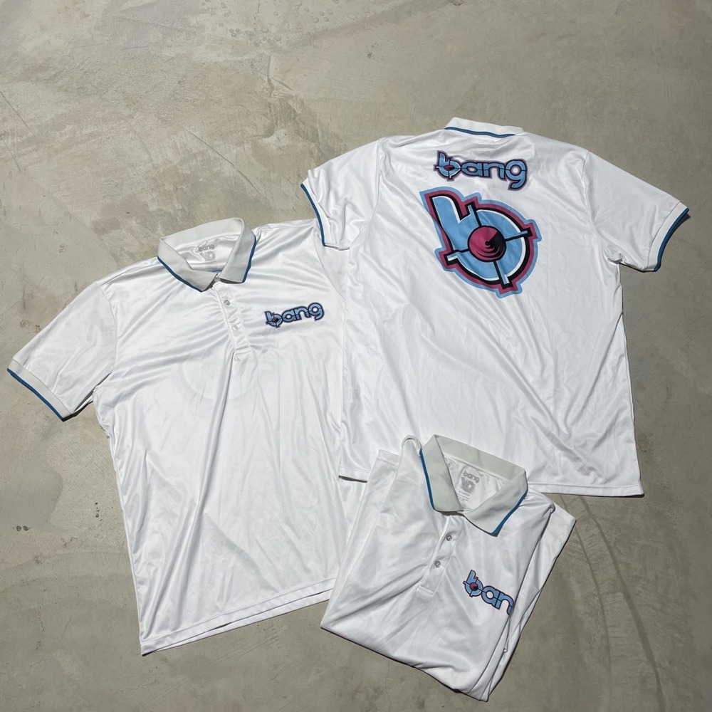 3 Bang Energy Drink Polo Shirts Men's XL White and Light Blue Logo Short Sleeve